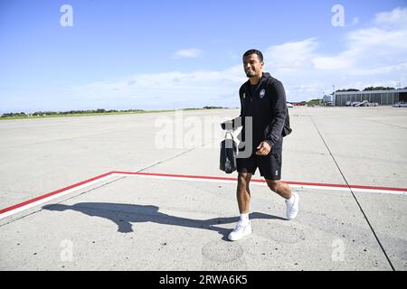 Liege, Belgium. 18th Sep, 2023. Antwerp's Owen Wijndal pictured during the travel of Belgian soccer team Royal Antwerp FC, from Liege Airport towards Barcelona, Spain on Monday 18 September 2023. The team is preparing for tomorrow's game against FC Barcelona, on day 1 of the Champions League group stage. BELGA PHOTO TOM GOYVAERTS Credit: Belga News Agency/Alamy Live News Stock Photo