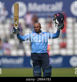 Northampton, England - August 9 2023: Prithvi Shaw of Northamptonshire Steelbacks Celebrates reaching a double century Stock Photo