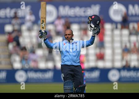 Northampton, England - August 9 2023: Prithvi Shaw of Northamptonshire Steelbacks Celebrates reaching a double century Stock Photo