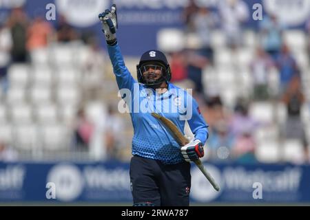 Northampton, England - August 9 2023: Prithvi Shaw of Northamptonshire Steelbacks Celebrates reaching a double century Stock Photo