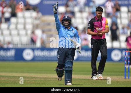 Northampton, England - August 9 2023: Prithvi Shaw of Northamptonshire Steelbacks Celebrates reaching a double century Stock Photo