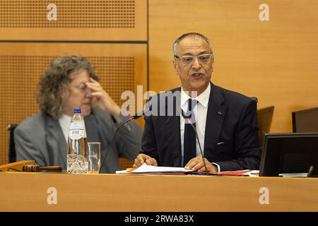 Brussels, Belgium. 18th Sep, 2023. Brussels' parliament Chairman Rachid Madrane pictured during a plenary session of the parliament of the Brussels-Capital Region in Brussels, Monday 18 September 2023. BELGA PHOTO JAMES ARTHUR GEKIERE Credit: Belga News Agency/Alamy Live News Stock Photo