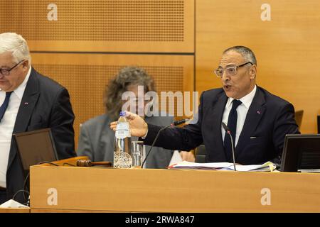 Brussels, Belgium. 18th Sep, 2023. Brussels' parliament Chairman Rachid Madrane pictured during a plenary session of the parliament of the Brussels-Capital Region in Brussels, Monday 18 September 2023. BELGA PHOTO JAMES ARTHUR GEKIERE Credit: Belga News Agency/Alamy Live News Stock Photo