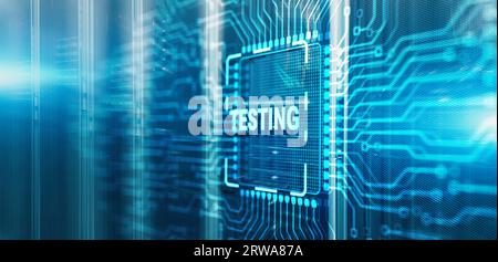 Inscription Testing. Business Process on Electronic Circuit Board Chip. Stock Photo