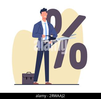 Businessman cuts interest sign with scissors. Man divides percent symbol. Fed raised central bank interest rate to curb soaring inflation. Vector Stock Vector