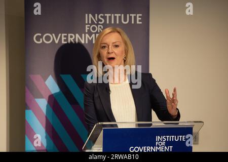 London, England, UK. 18th Sep, 2023. Former UK Prime Minister LIZ TRUSS is seen making a speech at Institute of Government. (Credit Image: © Tayfun Salci/ZUMA Press Wire) EDITORIAL USAGE ONLY! Not for Commercial USAGE! Stock Photo