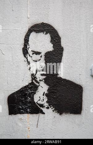 Graffiti portrait of Apple co-founder Steve Jobs somewhere in the Netherlands. Stock Photo