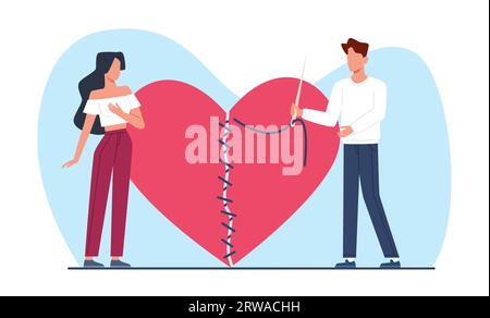 Concept of mending interrupted relationship, guy stitching up torn heart with needle and thread. Man and woman breakup. Pair divorce and Stock Vector