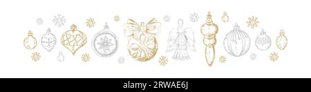 Set of luxury golden and silver Christmas tree balls in sketch style. Handdrawn Merry Christmas snd Happy New Year decoration. Design for greeting car Stock Vector