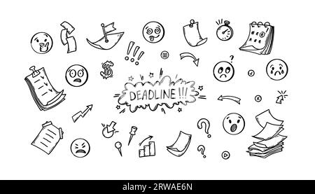 Set of business deadline doodle elements. Hand drawn troubled emoticon, arrow, flying paper pile, pin, calendar. Vector illustration in sketch style Stock Vector
