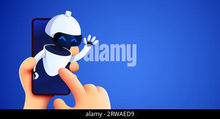 Hand hold smartphone with robot. Chatbot or AI concept. Vector illustration Stock Vector