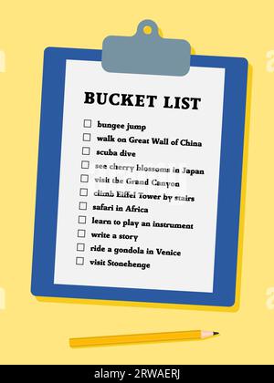 Bucket list life plans checklist. Example bucketlist with travel ideas. Stock Vector