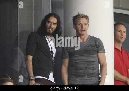 Los Angeles, USA 17th September 2023 FILE IMAGE dated 28 October 2012 Russell Brand with Victoria Beckham and Gordon Ramsey watch LA Galaxy v Seattle Sounders at the Home Depot Center, Carson, California, USA/ Credit: Headlinephoto/Alamy Live News Stock Photo