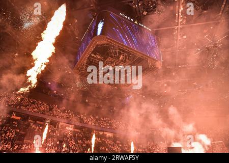 Paris, France. 17th Sep, 2023. This photograph shows the finals ceremony of the New French International Artistic Gymnastics at the Olympic Games hall of Accor Arena in Paris on September 17, 2023. Photo by Firas Abdullah/ABACAPRESS.COM Credit: Abaca Press/Alamy Live News Stock Photo