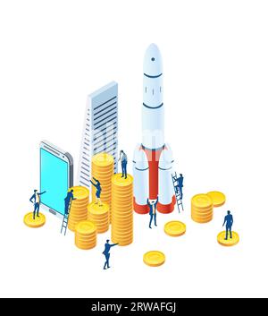 Isometric environment infographic. Business people work together next to rocket. Rocket is ready to start,  space technology, start up concept Stock Photo
