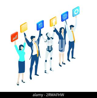 Isometric business environment. Robots and artificial intelligence concept. Business people working together with robots. Human VS robots Stock Photo