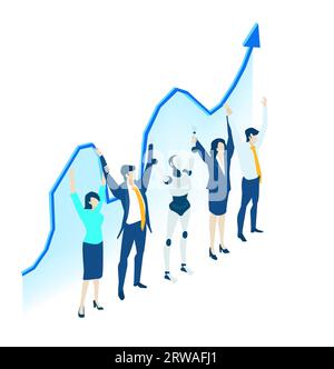 Isometric business environment. Robots and artificial intelligence concept. Business people working together with robots. Human VS robots Stock Photo