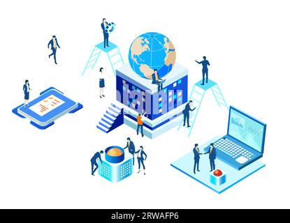 Application development iIsometric illustration. Business people work together, technology, big data, computing, artificial intelligence concept Stock Photo