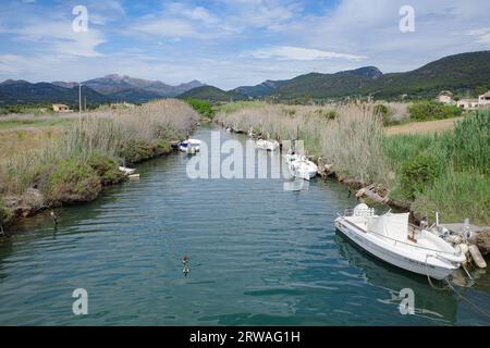 Port d'Andratx, Spain - 7 May, 2023: Small boats on River Es Torren in Port d'Andratx, Serra de Tramuntana mountains, Mallorca Stock Photo