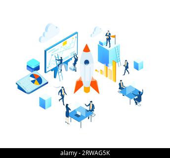 Isometric environment infographic. Business people work together next to rocket. Rocket is ready to start,  space technology, start up concept Stock Photo