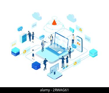 Business people working together, collaborating on project, sharing ideas. Isometric business environment, business management Stock Photo