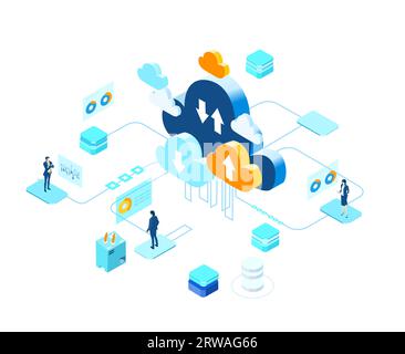 Application development iIsometric illustration. Business people work together, technology, big data, computing, artificial intelligence concept Stock Photo