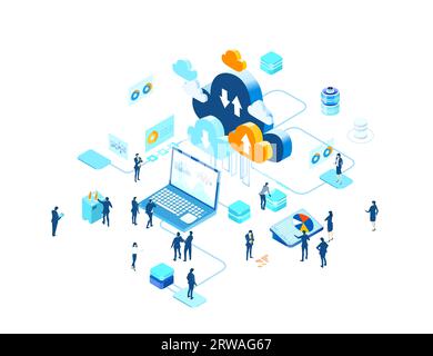 Application development iIsometric illustration. Business people work together, technology, big data, computing, artificial intelligence concept Stock Photo