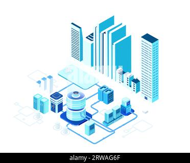 Isometric business environment. Server room space, business people working together, generating fresh content and sharing ideas Stock Photo
