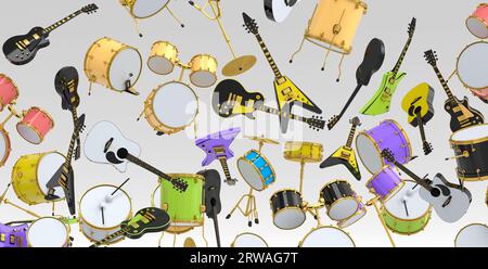 Many of flying acoustic guitars, drums with metal cymbals or drumset on white Stock Photo