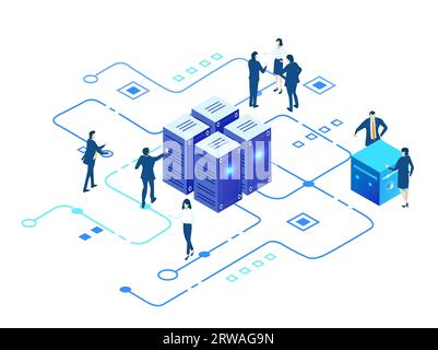 Isometric business environment. Server room space, business people working together, generating fresh content and sharing ideas Stock Photo