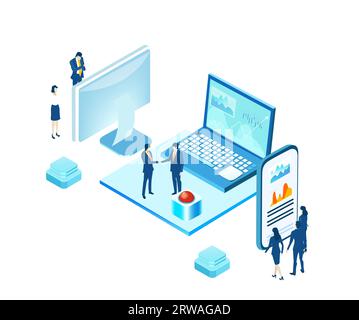 Application development iIsometric illustration. Business people work together, technology, big data, computing, artificial intelligence concept Stock Photo
