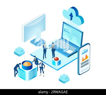 Application development iIsometric illustration. Business people work together, technology, big data, computing, artificial intelligence concept Stock Photo