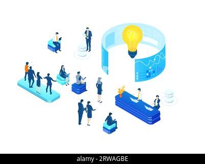 Business management. Isometric office space, business people work around light bulb as symbol of generating fresh content and new ideas. Infographic Stock Photo