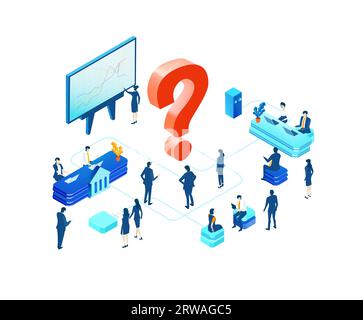 Isometric business concept environment, Business people working around big question mark. Solving problems, helping, supporting Stock Photo