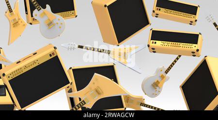 Many of flying acoustic guitars, drums, cymbal or drumset and amplifier on white Stock Photo