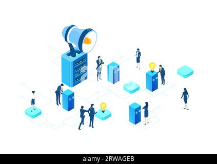 Business people working around megaphone, control, discussing the deal. Isometric iconographic of business working space with people Stock Photo