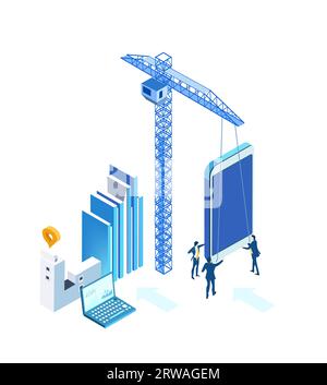 Application development iIsometric illustration. Business people work together, technology, big data, computing, artificial intelligence concept Stock Photo
