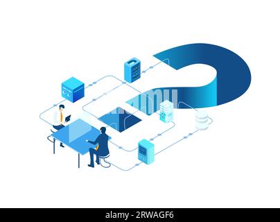 Isometric business concept environment, Business people working around big question mark. Solving problems, helping, supporting Stock Photo