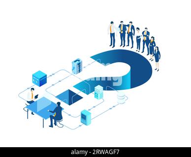 Isometric business concept environment, Business people working around big question mark. Solving problems, helping, supporting Stock Photo