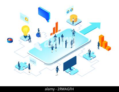 Application development iIsometric illustration. Business people work together, technology, big data, computing, artificial intelligence concept Stock Photo