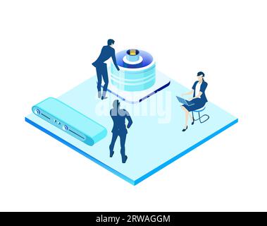 Isometric business environment. Server room space, business people working together, generating fresh content and sharing ideas Stock Photo