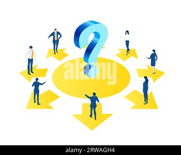 Isometric business concept environment, Business people working around big question mark. Solving problems, helping, supporting Stock Photo