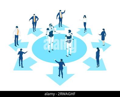 Isometric business environment. Robots and artificial intelligence concept. Business people working together with robots. Human VS robots Stock Photo