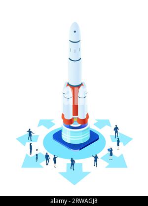 Isometric environment infographic. Business people work together next to rocket. Rocket is ready to start,  space technology, start up concept Stock Photo