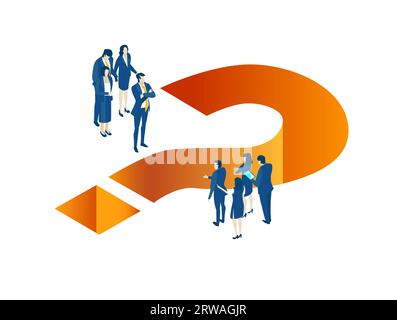 Isometric business concept environment, Business people working around big question mark. Solving problems, helping, supporting Stock Photo