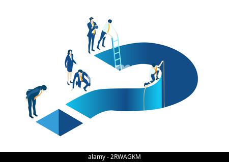 Isometric business concept environment, Business people working around big question mark. Solving problems, helping, supporting Stock Photo