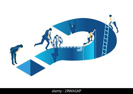 Isometric business concept environment, Business people working around big question mark. Solving problems, helping, supporting Stock Photo