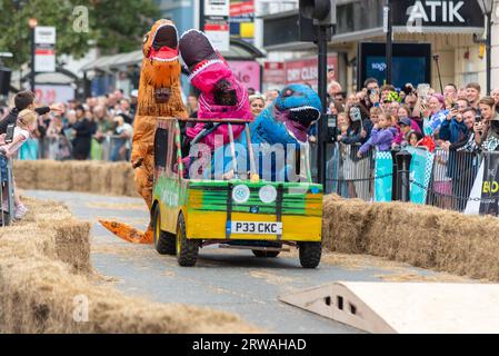 Colchester Soapbox Rally. Soapbox derby gravity racing in the High Street of Colchester, Essex, UK. Entry 48, Going Extinct Stock Photo