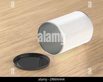 Empty white metal can on wooden table Stock Photo