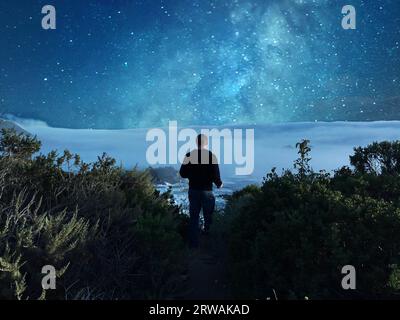 Rear view of a young man standing on coastal rocks off Highway 1, Carmel-by-the-sea, Monterey Peninsula, California, USA Stock Photo